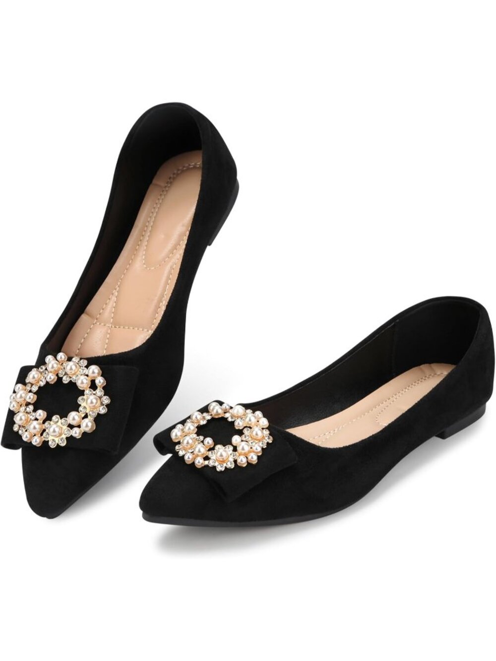 Women's All Black Pointed Toe Pearl Flats Faux Suede Comfort Dress Flats Casual